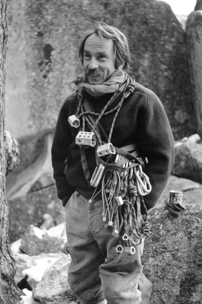 Yvon Chouinard, "The Chief", models a full rack of hand-made gear at Tahquitz Rock